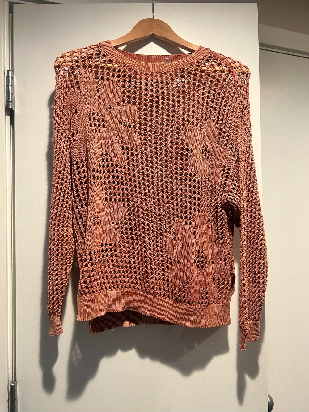 Pilcro Open-Knit Floral Crewneck Sweater in Dusty Peach